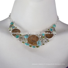 Medagaskar Ammonite, Idocrase, Prehnite, Pyarite, Turquoise Tibétain et Collier en Argent Sterling 925